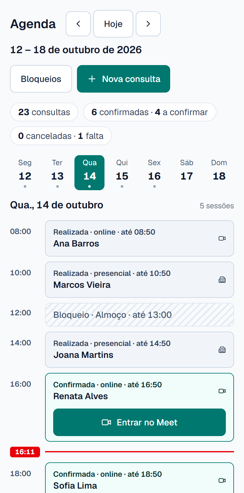 Agenda do dia no celular, com as consultas de quarta-feira, o almoço bloqueado e o botão Entrar no Meet numa consulta online. Dados fictícios.