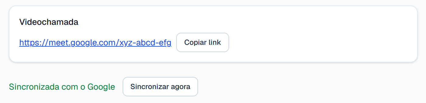Videochamada de uma consulta online, com o link do Google Meet, o botão Copiar link e o aviso Sincronizada com o Google. Dados fictícios.