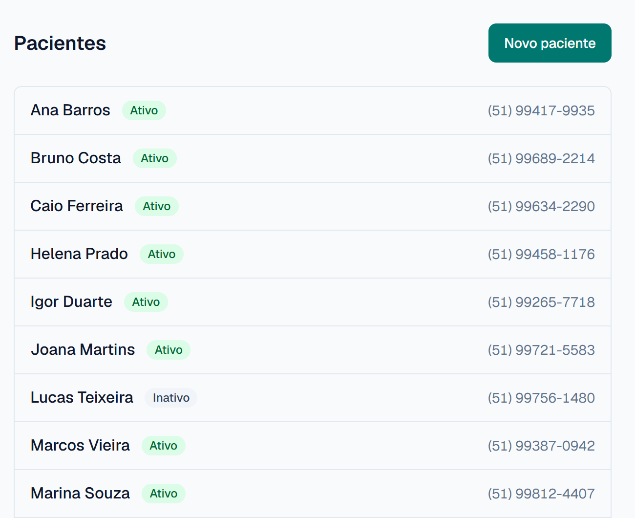 Lista de pacientes com nome, status ativo ou inativo e telefone. Dados fictícios.