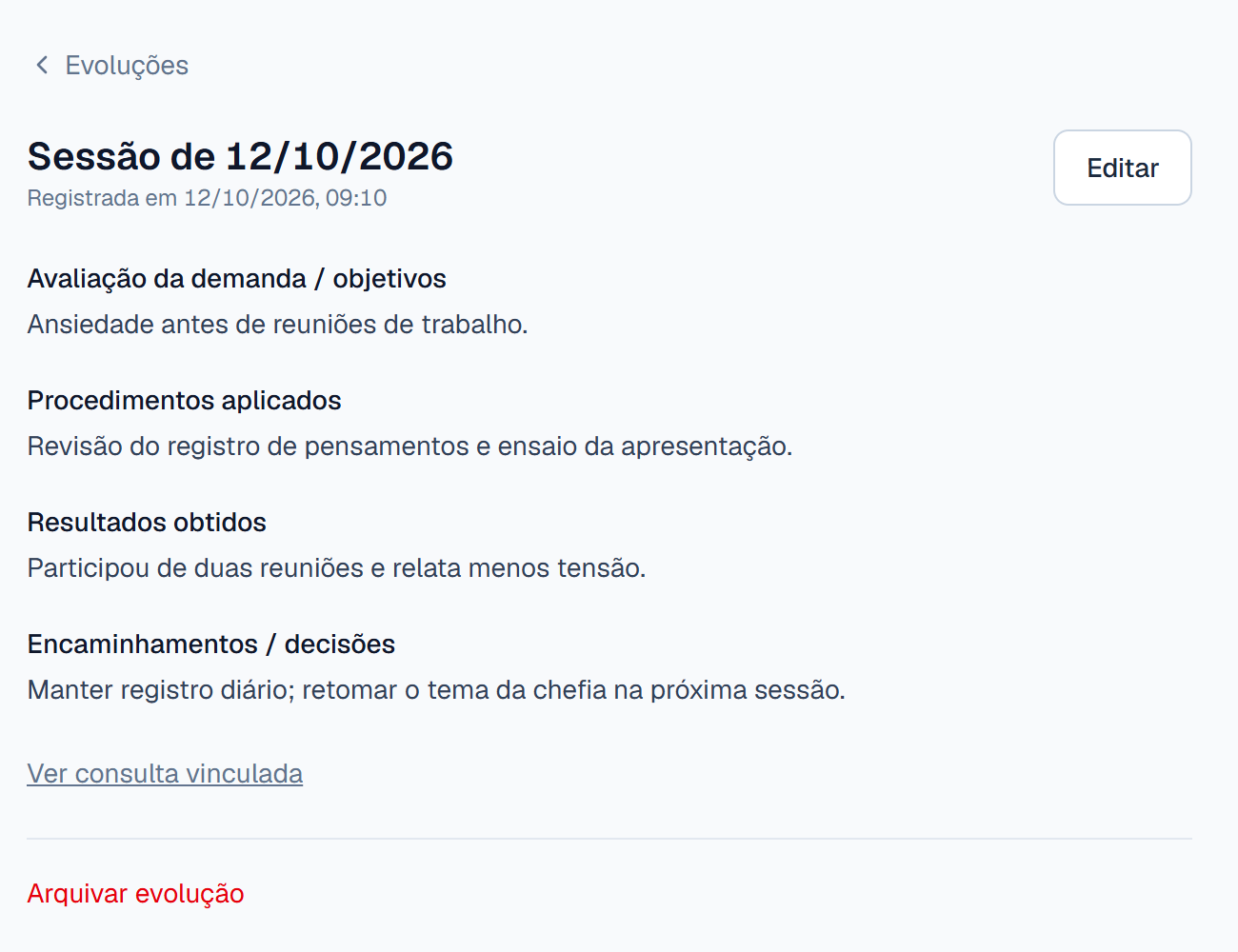 Evolução da sessão de 12 de outubro com os quatro campos: avaliação da demanda e objetivos, procedimentos aplicados, resultados obtidos e encaminhamentos e decisões. Dados fictícios.